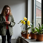 The Plant Killer's Despair**
    A dimly lit, melancholic urban apartment in Germany during a gray winter day. Various houseplants (e.g., a wilting orchid, a stunted tomato plant, yellowing Ficus) look sickly and neglected, signifying frustration and lack of light. A person with a disheartened expression stands among them, conveying a sense of failure in plant care. The overall mood is gloomy and unsuccessful.

2.  **