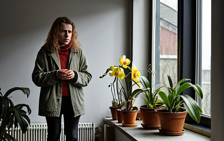 The Plant Killer's Despair**
A dimly lit, melancholic urban apartment in Germany during a gray winter day. Various houseplants (e.g., a wilting orchid, a stunted tomato plant, yellowing Ficus) look sickly and neglected, signifying frustration and lack of light. A person with a disheartened expression stands among them, conveying a sense of failure in plant care. The overall mood is gloomy and unsuccessful.
2. **