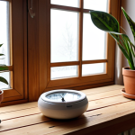 **

A cozy living room scene in Germany during winter. A digital hygrometer on a wooden table displays low humidity. A person is adding water to a ceramic bowl placed on a radiator. Potted plants, including a snake plant (Bogenhanf), are visible near a window with frosted glass. Soft, warm lighting creates a comfortable atmosphere. Focus on the contrast between the dry air and efforts to humidify.

**