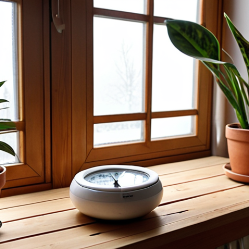 Home 8 **
A cozy living room scene in Germany during winter. A digital hygrometer on a wooden table displays low humidity. A person is adding water to a ceramic bowl placed on a radiator. Potted plants, including a snake plant (Bogenhanf), are visible near a window with frosted glass. Soft, warm lighting creates a comfortable atmosphere. Focus on the contrast between the dry air and efforts to humidify.
**