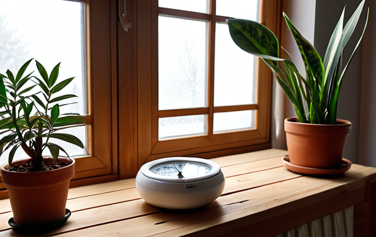 **
A cozy living room scene in Germany during winter. A digital hygrometer on a wooden table displays low humidity. A person is adding water to a ceramic bowl placed on a radiator. Potted plants, including a snake plant (Bogenhanf), are visible near a window with frosted glass. Soft, warm lighting creates a comfortable atmosphere. Focus on the contrast between the dry air and efforts to humidify.
**
