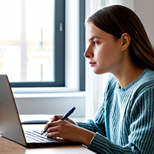 A young adult, fully clothed in a modest, comfortable sweater and casual trousers, sits at a home office desk in a well-lit but subtly stuffy-feeling room. The air around them appears slightly heavy, with gentle light revealing fine, almost imperceptible dust motes. They hold a pen, looking thoughtfully at an open laptop, conveying a sense of mild fatigue or lack of focus. Professional photography, soft natural light, clean aesthetic, perfect anatomy, correct proportions, natural pose, well-formed hands, proper finger count, natural body proportions, safe for work, appropriate content, fully clothed, modest, family-friendly.