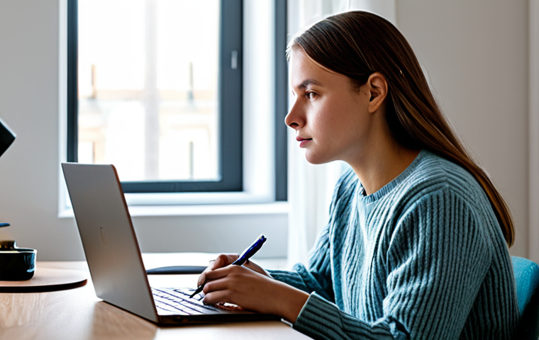 A young adult, fully clothed in a modest, comfortable sweater and casual trousers, sits at a home office desk in a well-lit but subtly stuffy-feeling room. The air around them appears slightly heavy, with gentle light revealing fine, almost imperceptible dust motes. They hold a pen, looking thoughtfully at an open laptop, conveying a sense of mild fatigue or lack of focus. Professional photography, soft natural light, clean aesthetic, perfect anatomy, correct proportions, natural pose, well-formed hands, proper finger count, natural body proportions, safe for work, appropriate content, fully clothed, modest, family-friendly.