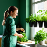 Vertical Herb Garden**

"A bright, modern German kitchen with a vertical herb garden on a wall. Basil, mint, and parsley are thriving in recycled containers. Sunlight streams through the window. A woman (30s) in comfortable, stylish clothing is preparing a salad. safe for work, appropriate content, fully clothed, professional, perfect anatomy, natural proportions, vibrant colors, indoor setting, focus on the herbs, modest, family-friendly"

**