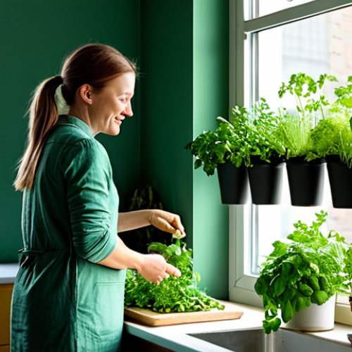 Vertical Herb Garden**

"A bright, modern German kitchen with a vertical herb garden on a wall. Basil, mint, and parsley are thriving in recycled containers. Sunlight streams through the window. A woman (30s) in comfortable, stylish clothing is preparing a salad. safe for work, appropriate content, fully clothed, professional, perfect anatomy, natural proportions, vibrant colors, indoor setting, focus on the herbs, modest, family-friendly"

**