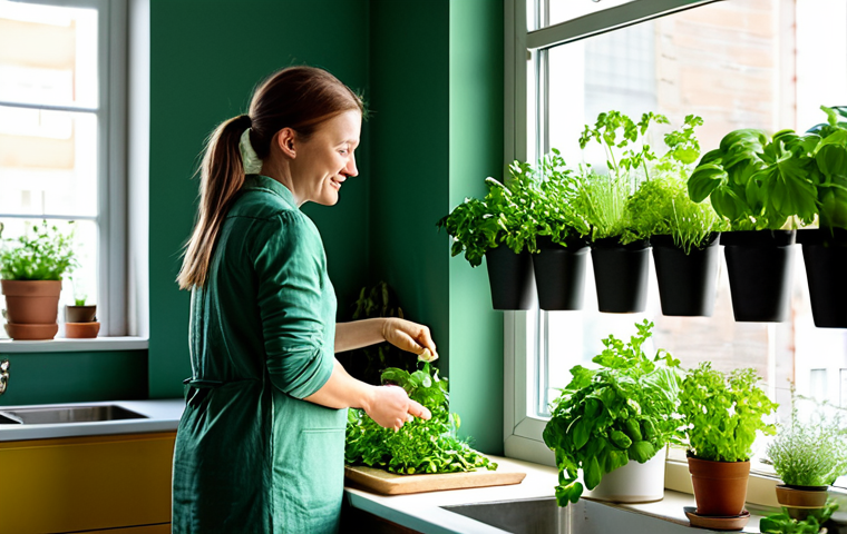 Vertical Herb Garden**
"A bright, modern German kitchen with a vertical herb garden on a wall. Basil, mint, and parsley are thriving in recycled containers. Sunlight streams through the window. A woman (30s) in comfortable, stylish clothing is preparing a salad. safe for work, appropriate content, fully clothed, professional, perfect anatomy, natural proportions, vibrant colors, indoor setting, focus on the herbs, modest, family-friendly"
**