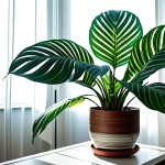 "A vibrant Calathea plant with intricately patterned leaves, displayed in a stylish pot in a well-lit living room. Soft, indirect sunlight streams through a sheer curtain. The room has modern German decor. Perfect anatomy, correct proportions, natural pose, well-formed leaves, proper leaf count, professional photography, high quality, safe for work, appropriate content, fully clothed, family-friendly."