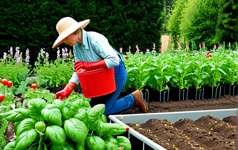 식물 비료 사용법 - Garden Scene with Healthy Plants**
"A vibrant, flourishing vegetable garden in Germany during summe...