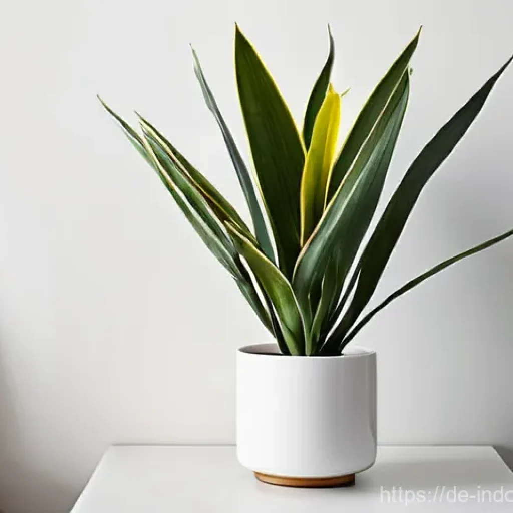 식물로 실내 공기 정화 - **A Serene Bedroom with a Sansevieria (Snake Plant):**
    A tranquil and minimalist bedroom bathed ...