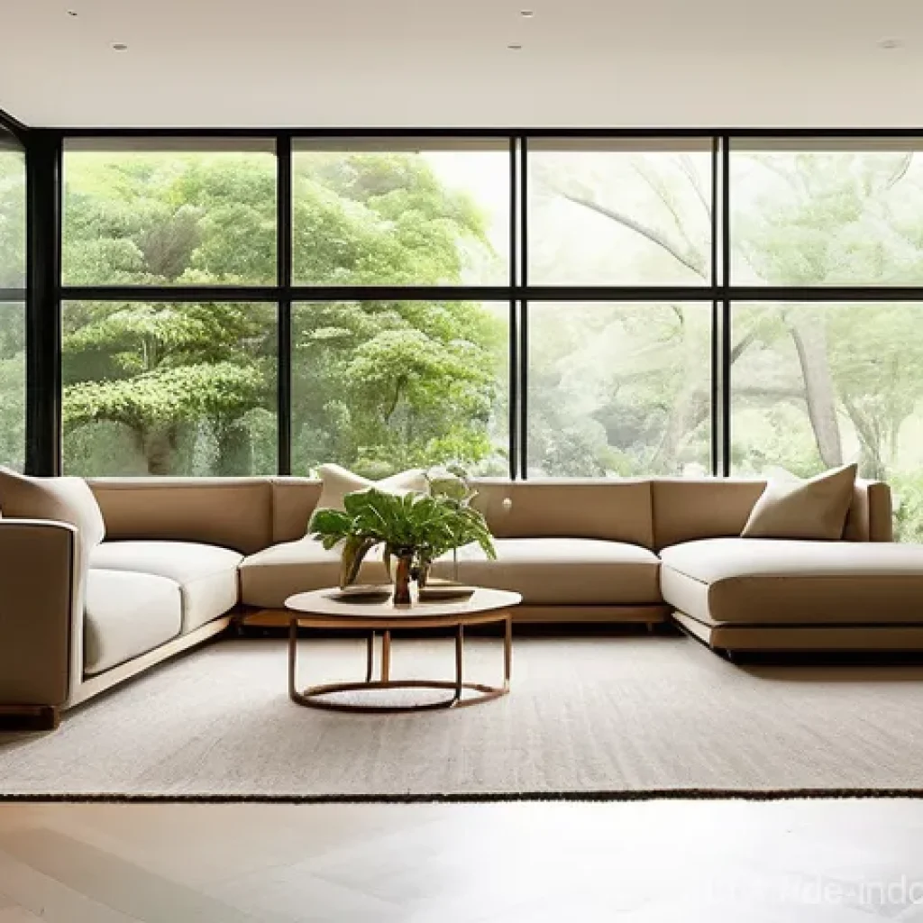자연 환경을 구현하는 실내 - "A serene and inviting living room meticulously designed with biophilic principles. Large, expansive...