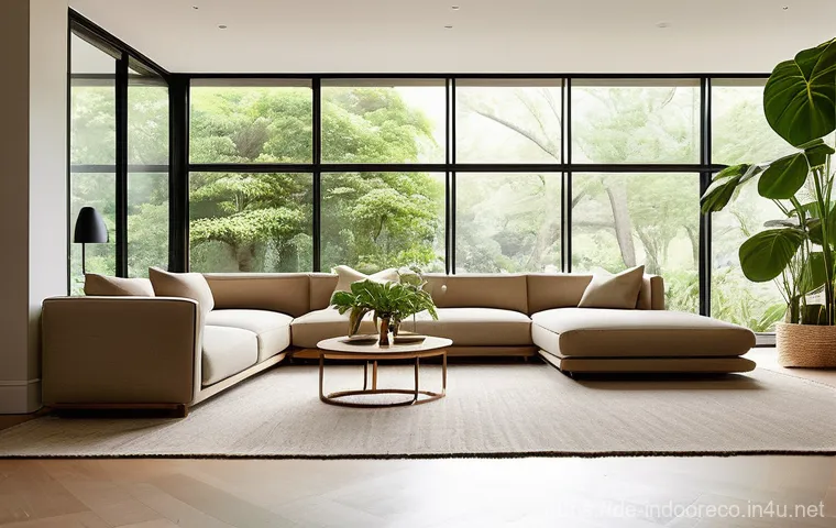 자연 환경을 구현하는 실내 - "A serene and inviting living room meticulously designed with biophilic principles. Large, expansive...
