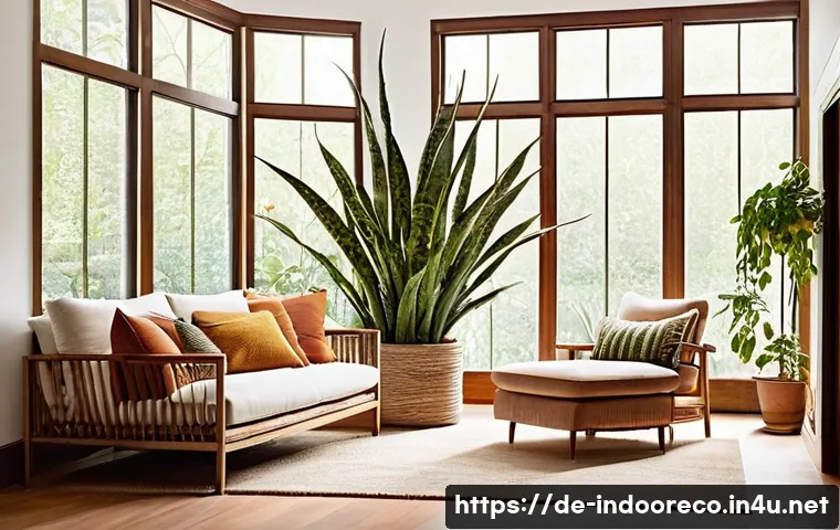 공간의 자연적 요소와 스트레스 - **Prompt 1: Cozy, Sunlit Living Room with Earth Tones and Lush Greenery**
    "A bright and inviting...
