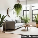 Home 21 실내 식물로 스트레스 해소 - A cozy, modern German living room with large windows letting in soft natural light, featuring a vari...