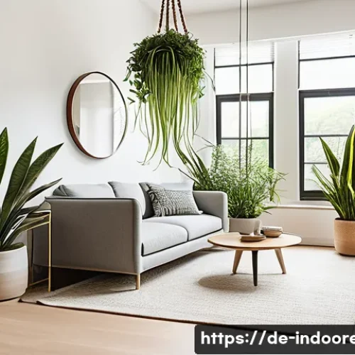 Home 33 실내 식물로 스트레스 해소 - A cozy, modern German living room with large windows letting in soft natural light, featuring a vari...