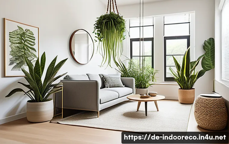 실내 식물로 스트레스 해소 - A cozy, modern German living room with large windows letting in soft natural light, featuring a vari...