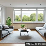Home 20 환기 시스템 설치 - A modern German living room with a decentralized ventilation system installed on the wall near a lar...