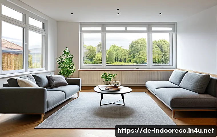 환기 시스템 설치 - A modern German living room with a decentralized ventilation system installed on the wall near a lar...