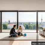 Home 19 미세먼지의 실내 유입 경로 - A modern German living room with large open windows showing a bright morning cityscape typical of Be...