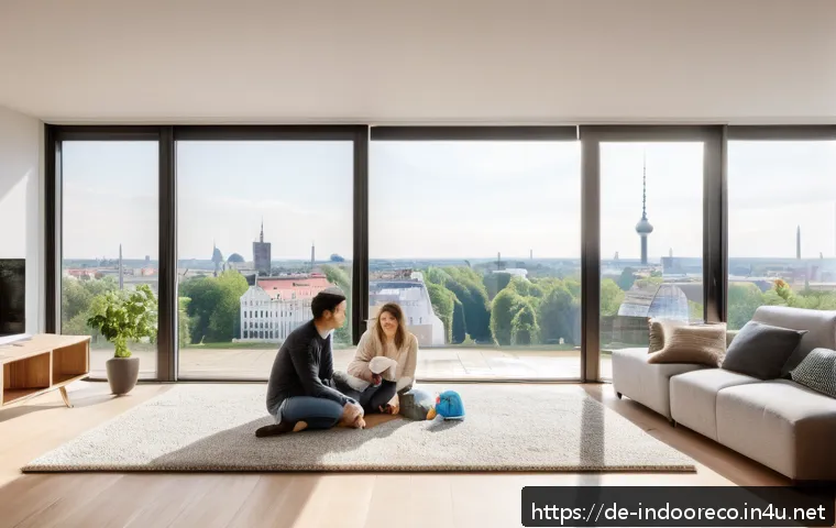 미세먼지의 실내 유입 경로 - A modern German living room with large open windows showing a bright morning cityscape typical of Be...
