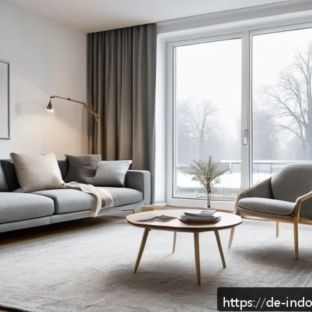 미세먼지 필터 사용법 - A modern German apartment living room in winter, showing a sleek HEPA air purifier placed near a clo...