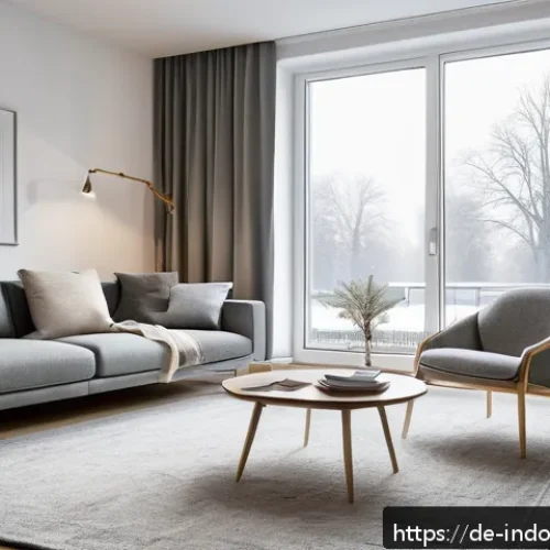 Home 30 미세먼지 필터 사용법 - A modern German apartment living room in winter, showing a sleek HEPA air purifier placed near a clo...