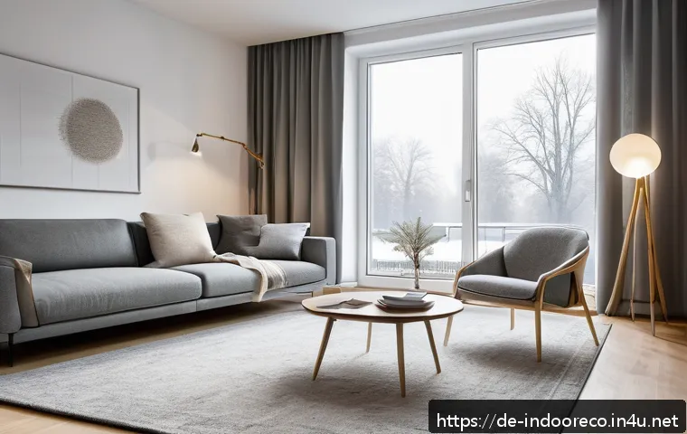 미세먼지 필터 사용법 - A modern German apartment living room in winter, showing a sleek HEPA air purifier placed near a clo...