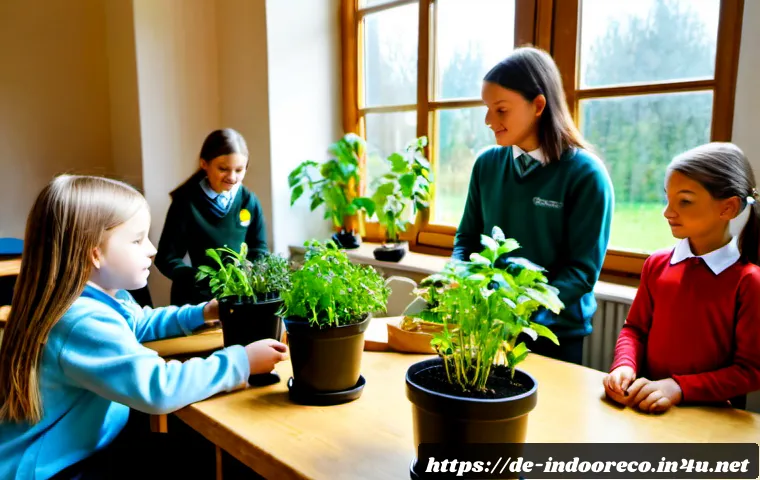 환경 교육을 위한 실내 정원 만들기 - Photorealistic German primary school classroom during an environmental education activity, a diverse...