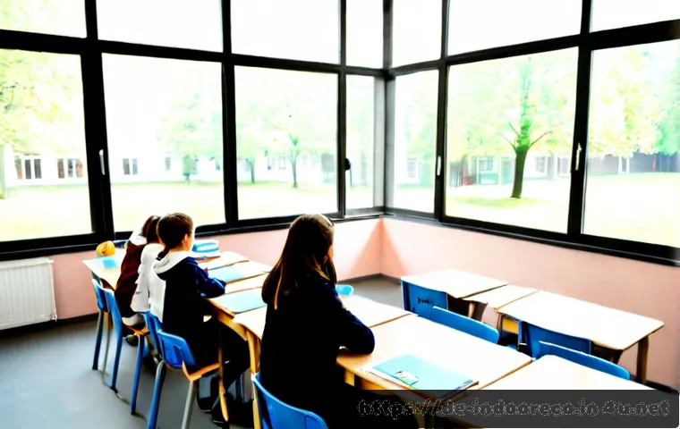 학교 내 공기질 관리 - Photorealistic German primary school classroom with large clean windows, an unobtrusive modern air-q...