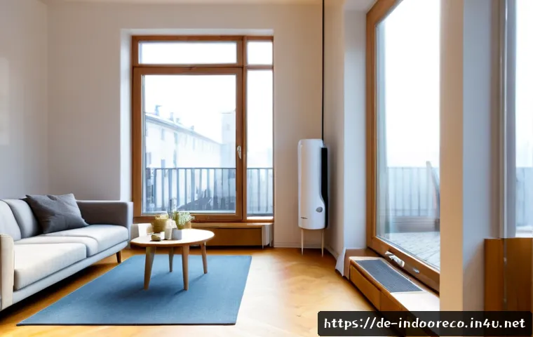 실내 공기 청정 효율성 - Photorealistic bright German apartment living room in winter, a modern white air purifier operating ...
