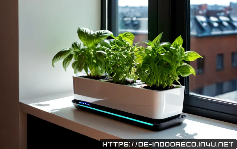 스마트 화분 시스템 - Photorealistic smart planter system on a bright modern German apartment windowsill, healthy basil an...